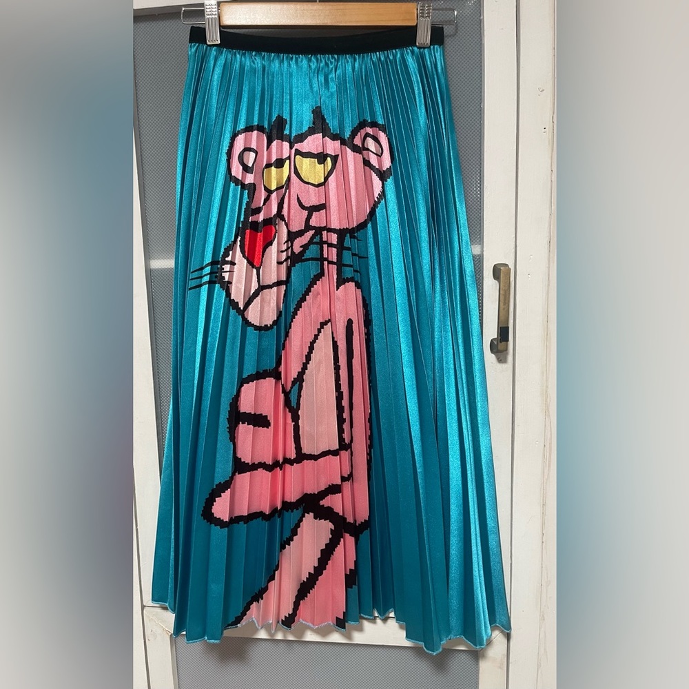 Teal and Pink Graphic Pleated Skirt